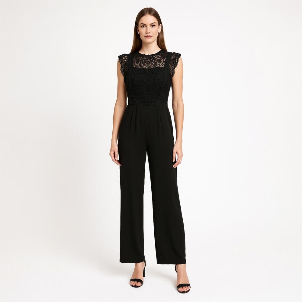 Xhilaration Black Sleeveless Crochet Lace Wide Leg Overalls Romper Jumpsuit M